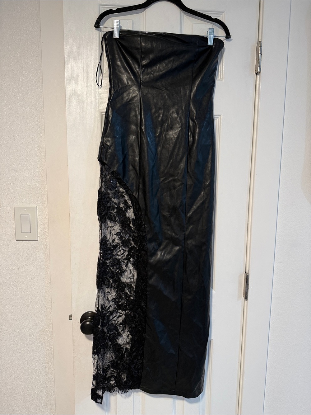 Strapless Black Faux Leather & Lace Maxi Dress